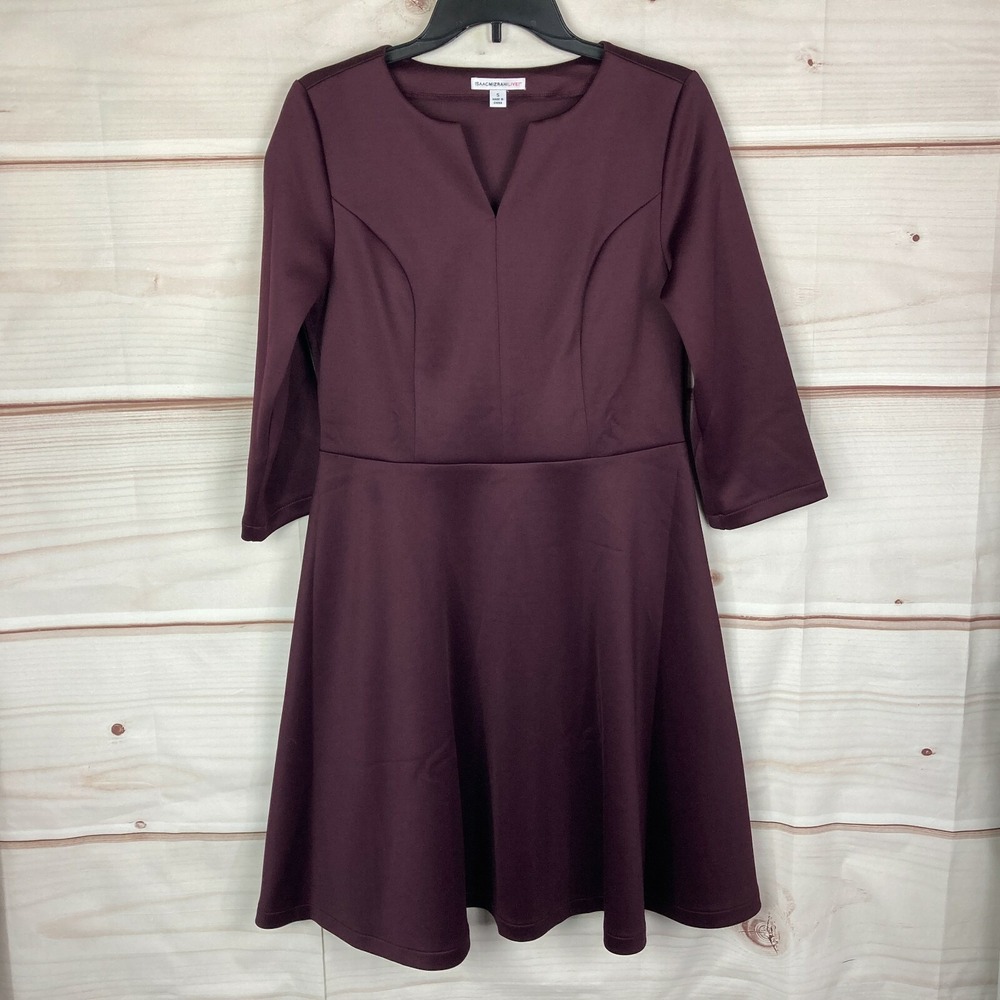 Isaac Mizrahi Live Dress Womens S Purple 3/4 Sleeve Scuba Knit A-Line Split Neck